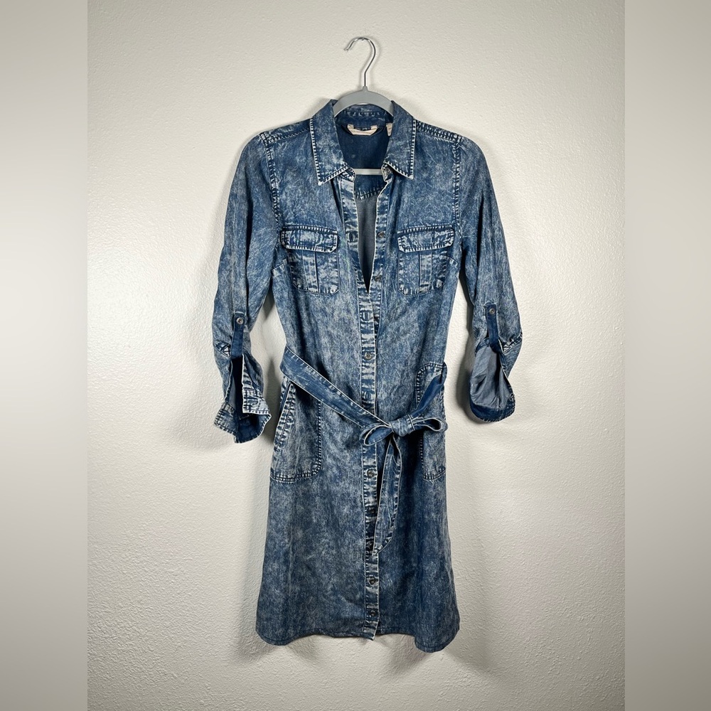 Soft Surroundings Y2K acid wash button down tie waist denim dress size XSP